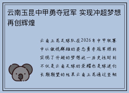 云南玉昆中甲勇夺冠军 实现冲超梦想再创辉煌